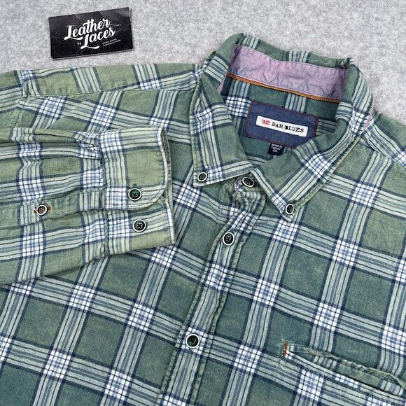 32 Bar Blues Shirt Mens XXL 2XL Green Plaid Button Down Long Sleeve Fade Cotton - Picture 1 of 11